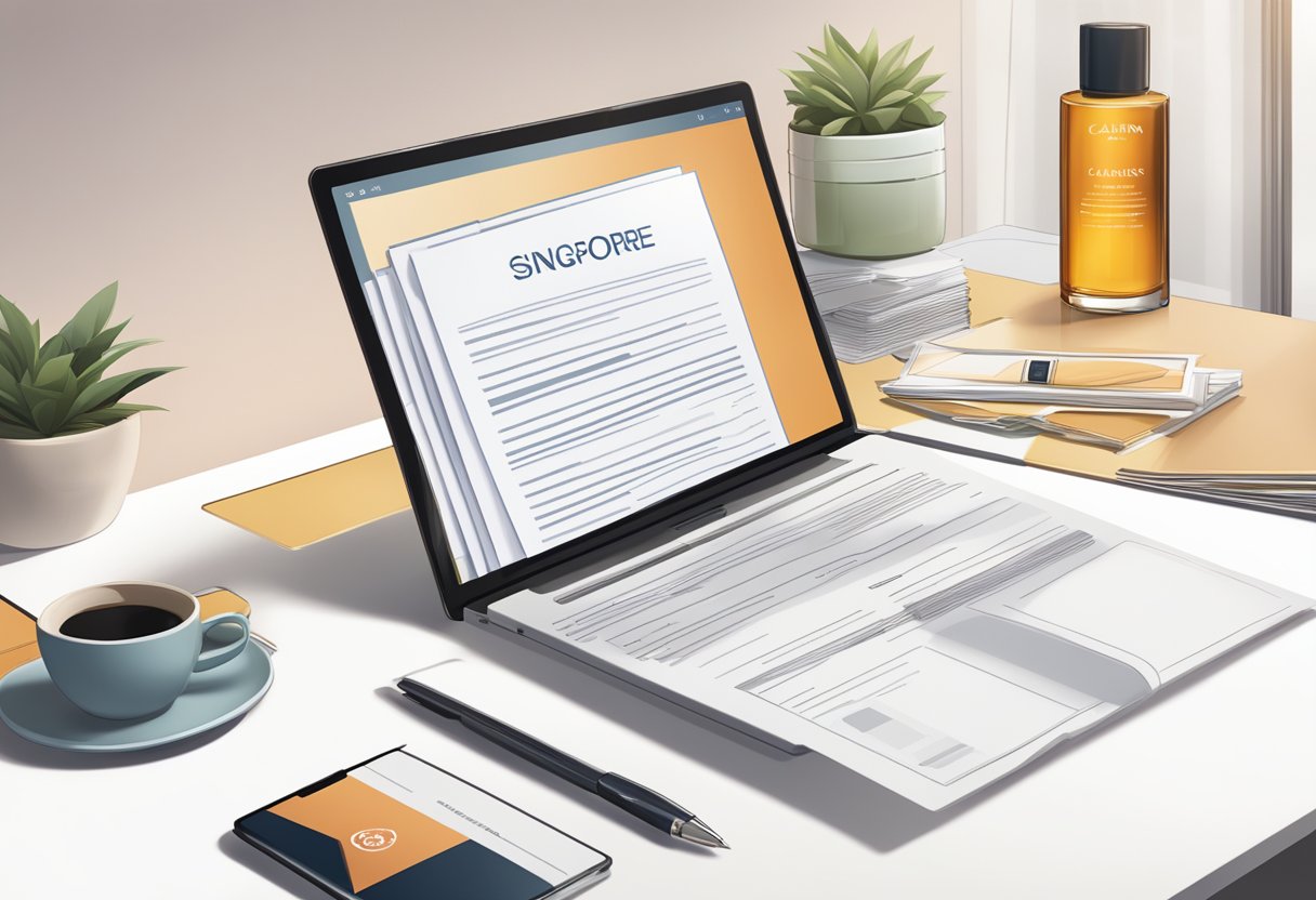 A stack of FAQ sheets with "Clarins Singapore" logo, surrounded by a laptop, pen, and customer service phone