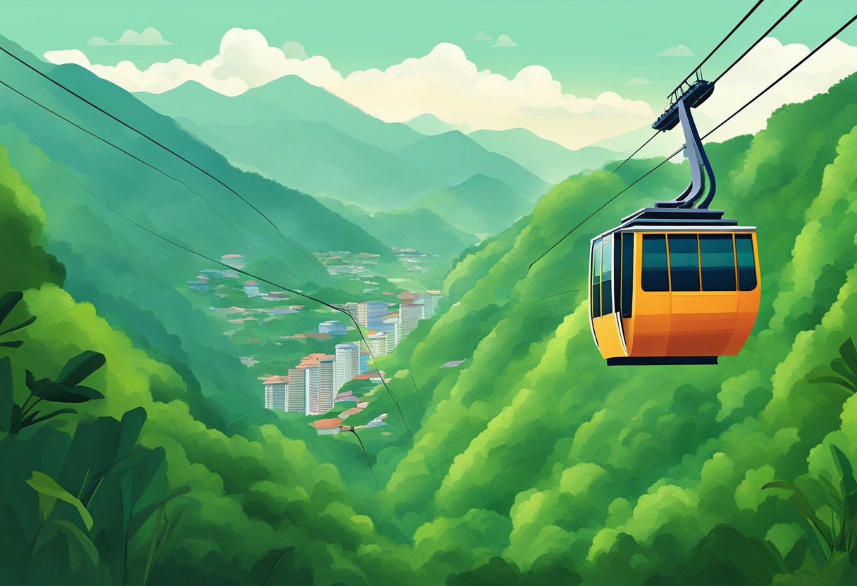 A cable car glides over lush green mountains from Singapore to Genting