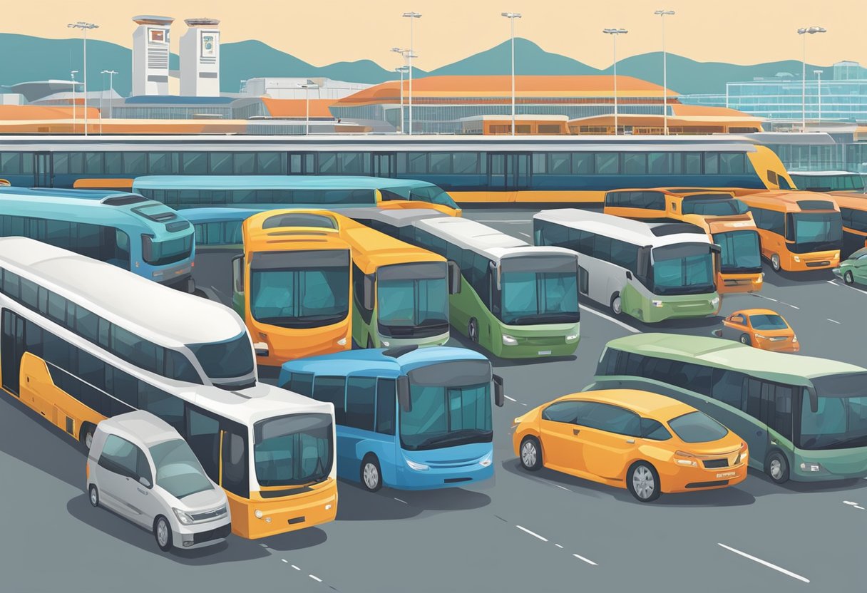 Vehicles line up at a Singapore terminal, ready to depart for Genting. Buses, cars, and trains are all available options for the journey