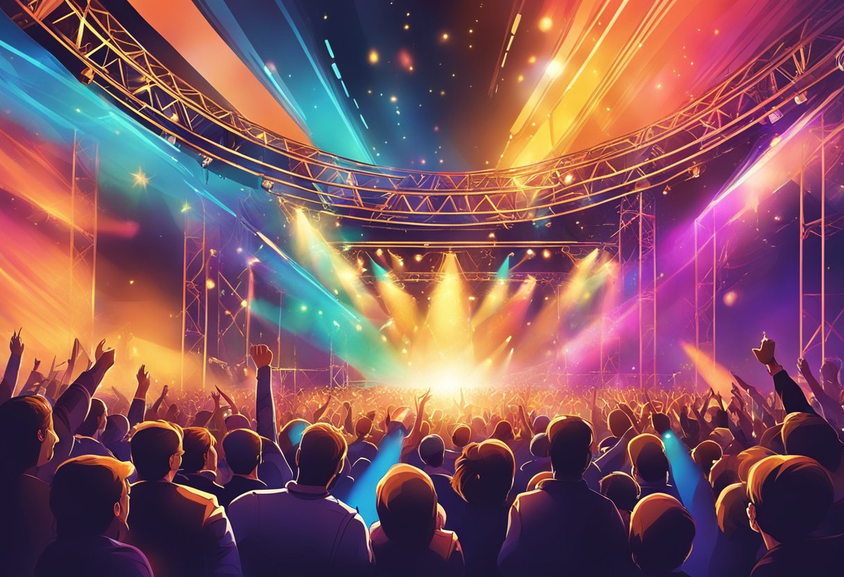 The stage is ablaze with vibrant lights as the crowd roars in excitement, engulfing the venue in a sea of energy and passion