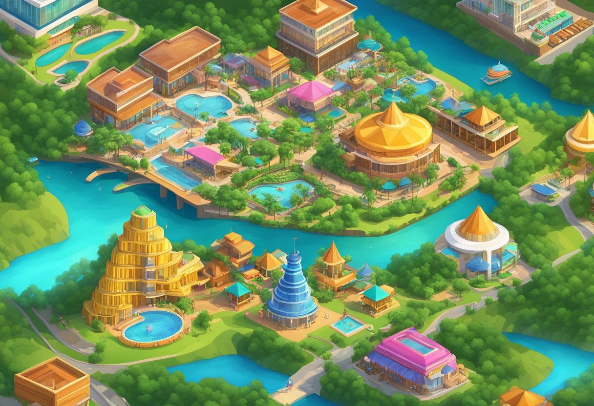 A bustling resort with towering hotels, vibrant casinos, and thrilling theme park rides nestled amidst lush green mountains