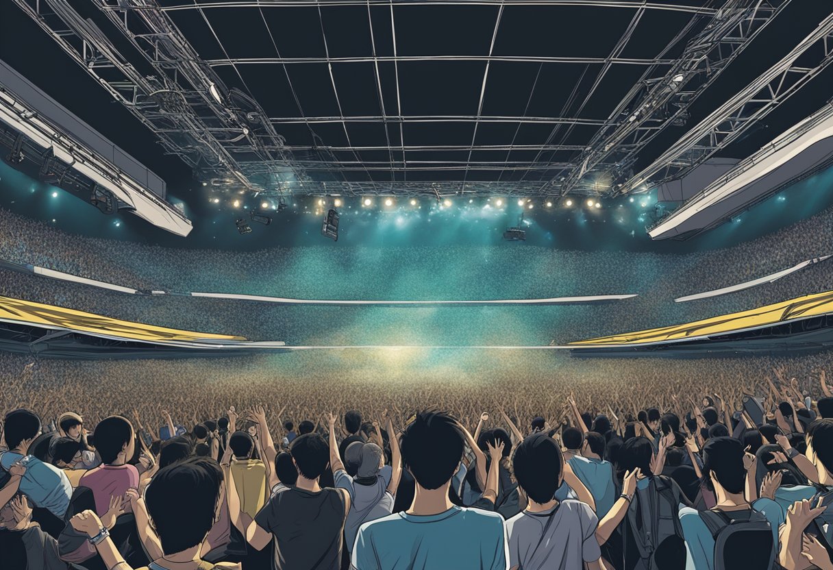 A crowded concert venue in Singapore, with a pulsating stage and ecstatic fans, as the band One OK Rock delivers an electrifying performance