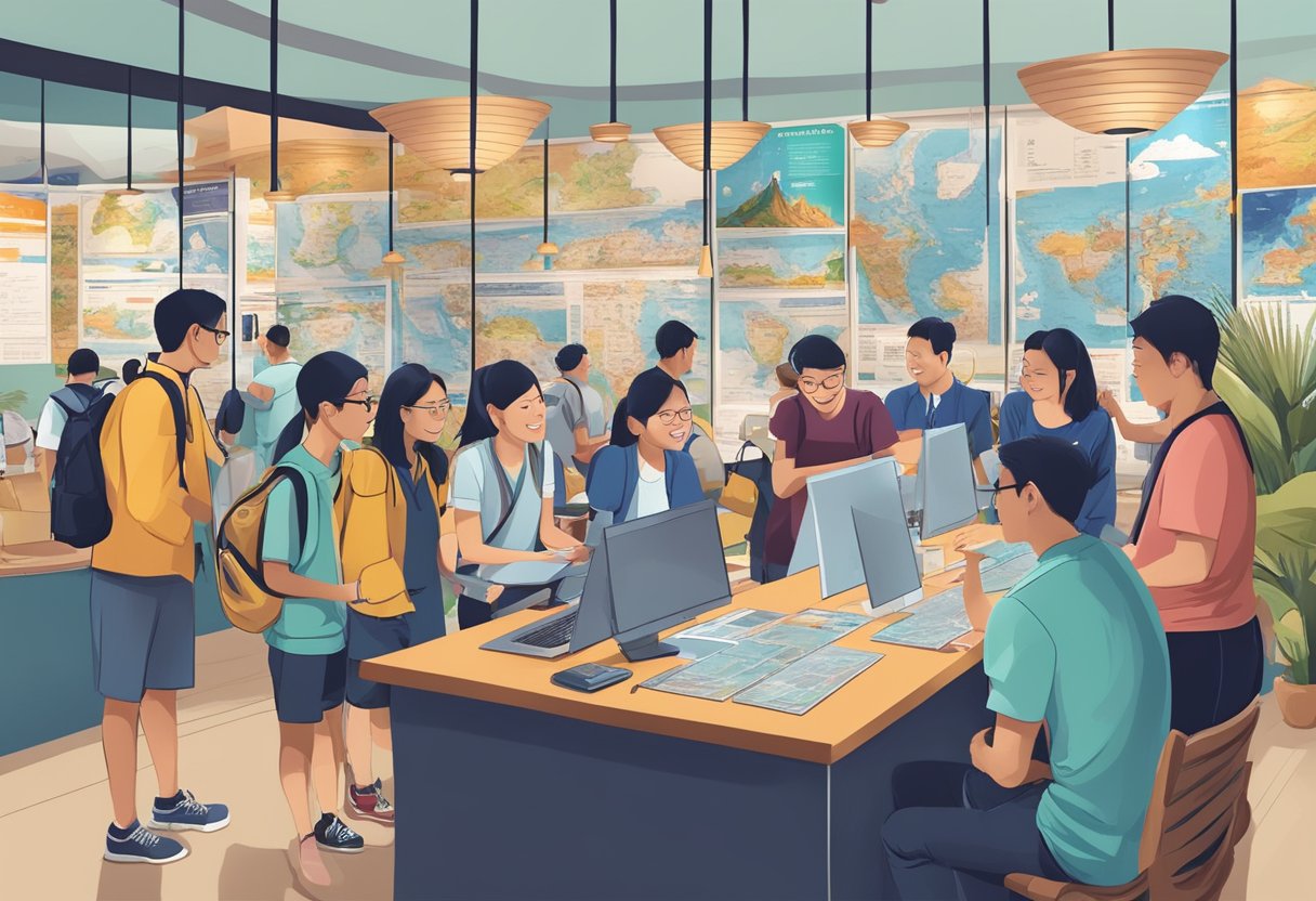 A group of people inquiring about travel details at a Singapore to Genting tour desk, with brochures and maps on display