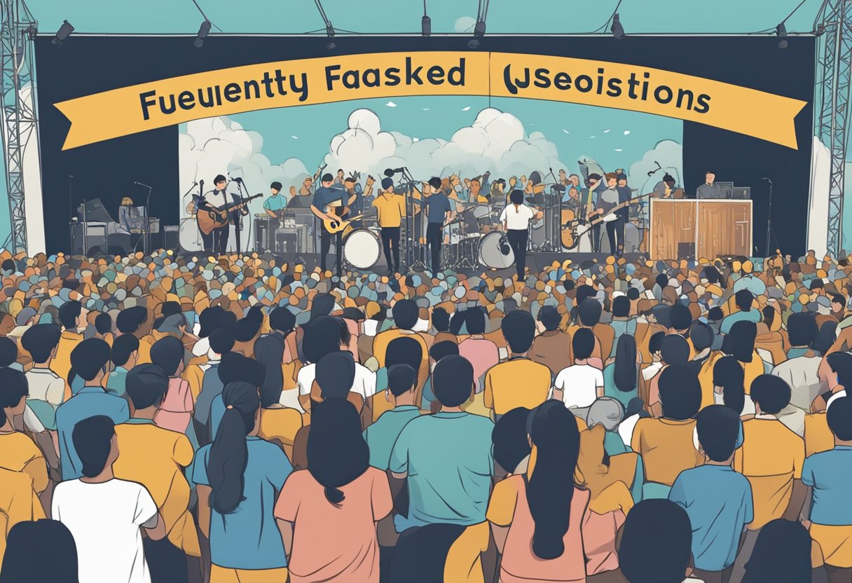 A crowd gathers around a band on stage in Singapore, with a large banner reading "Frequently Asked Questions" behind them