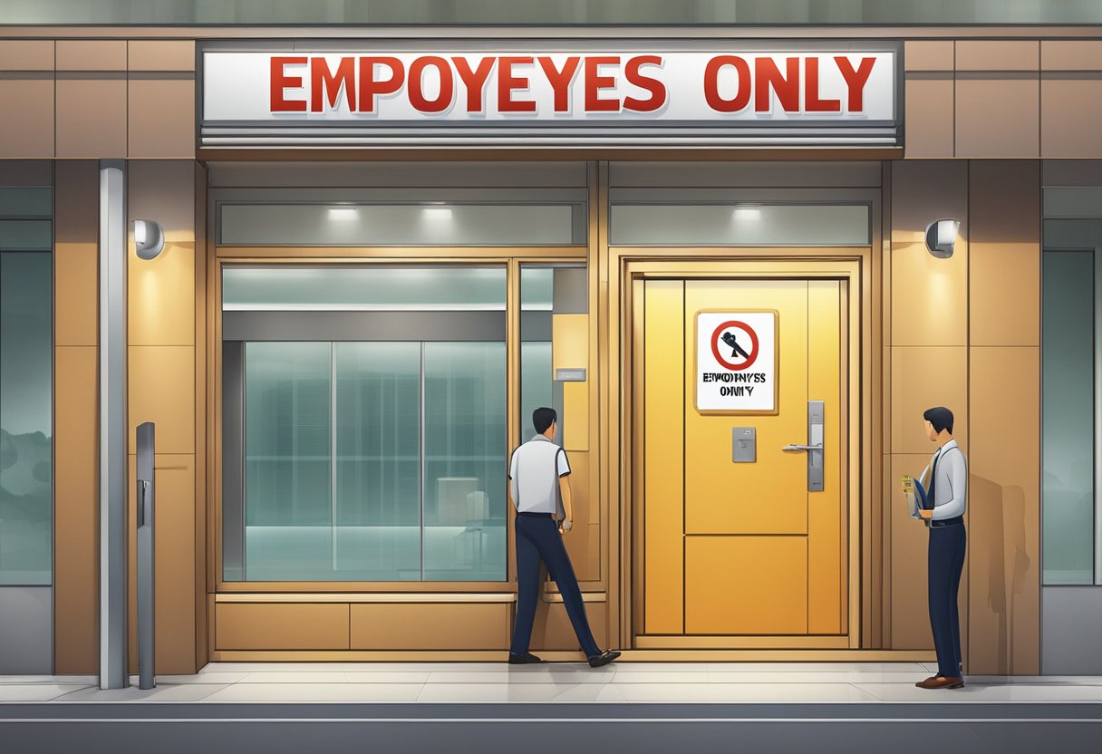 A sign reading "Employees Only" at a Singaporean workplace entrance