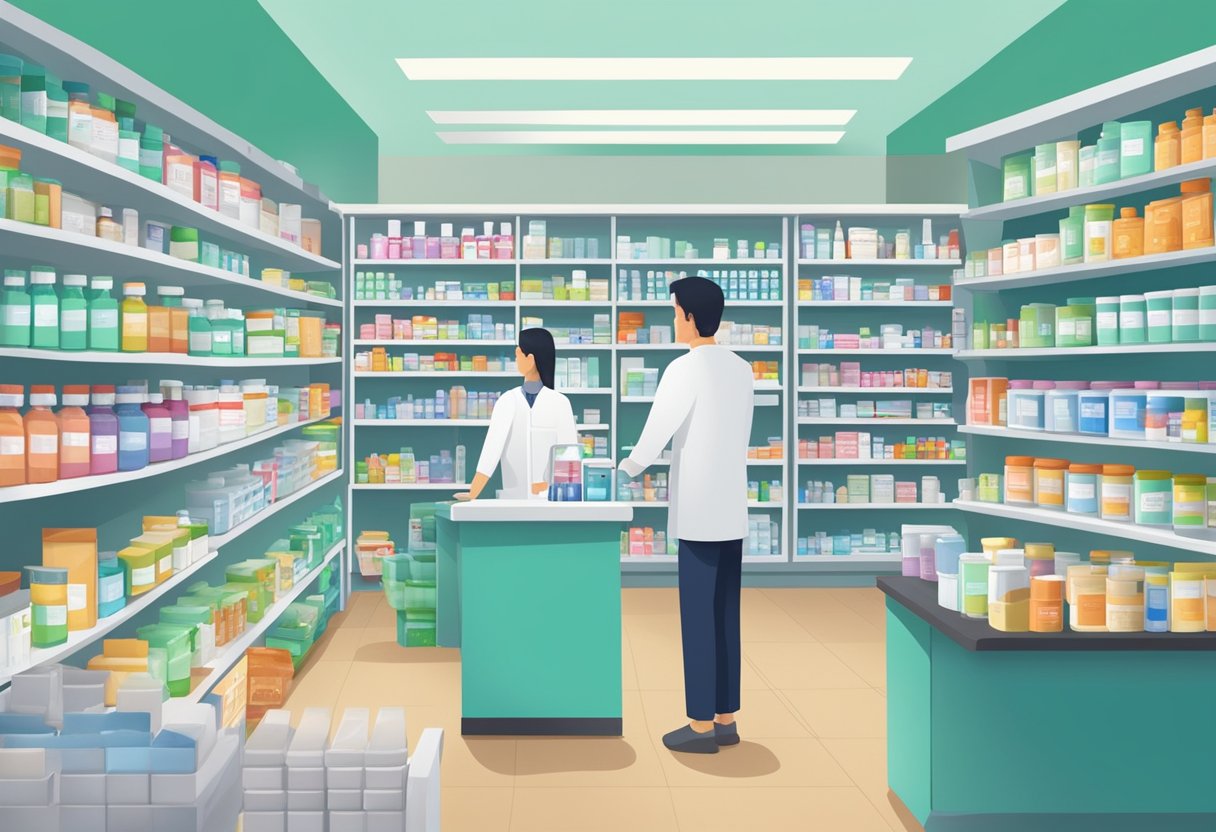 A bustling pharmacy in Singapore, filled with shelves of colorful medicine and a counter for prescriptions