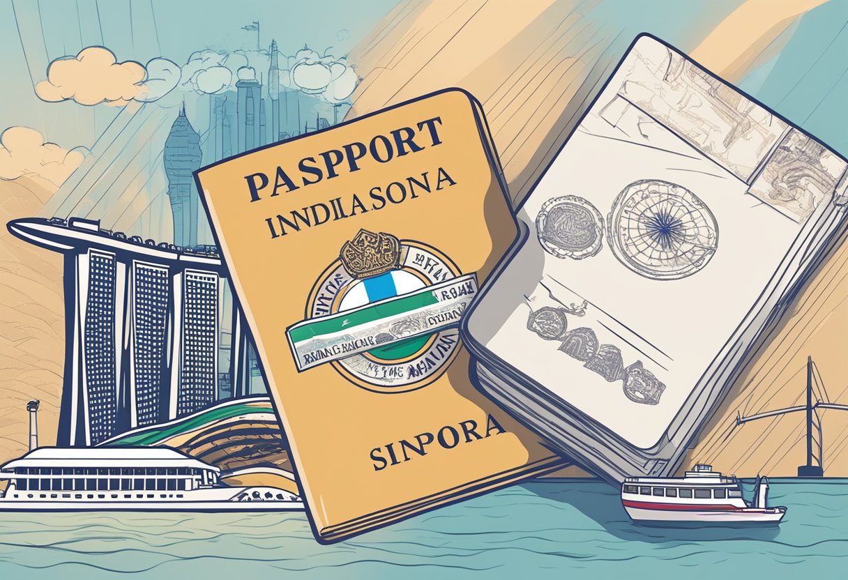 A passport with an Indian visa stamp, a Singapore flag, and iconic landmarks like the Marina Bay Sands and the Merlion
