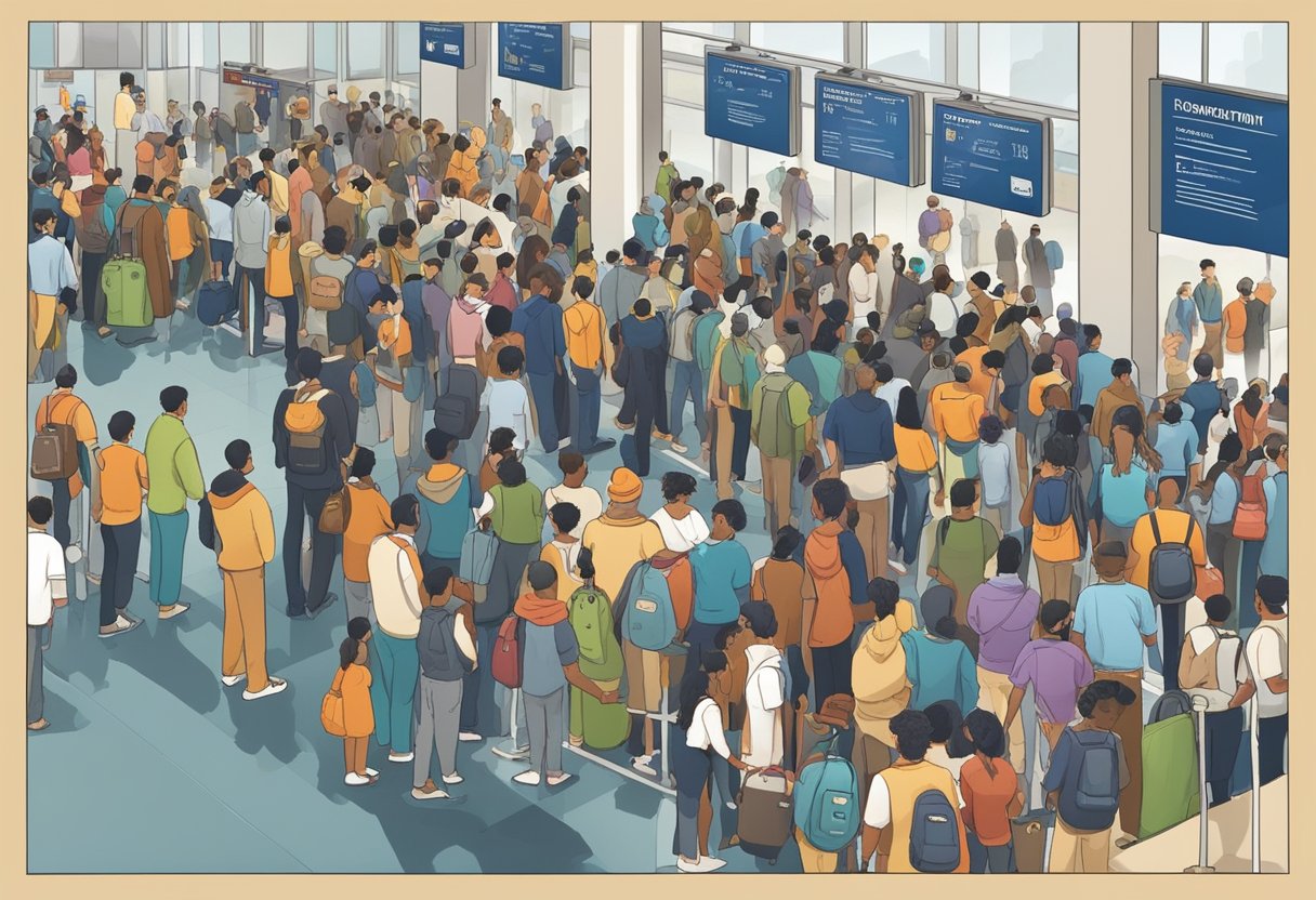 A crowded airport with a diverse group of travelers waiting in line at the visa application center, with signs displaying "Eligibility and Types of Visas for Indians."