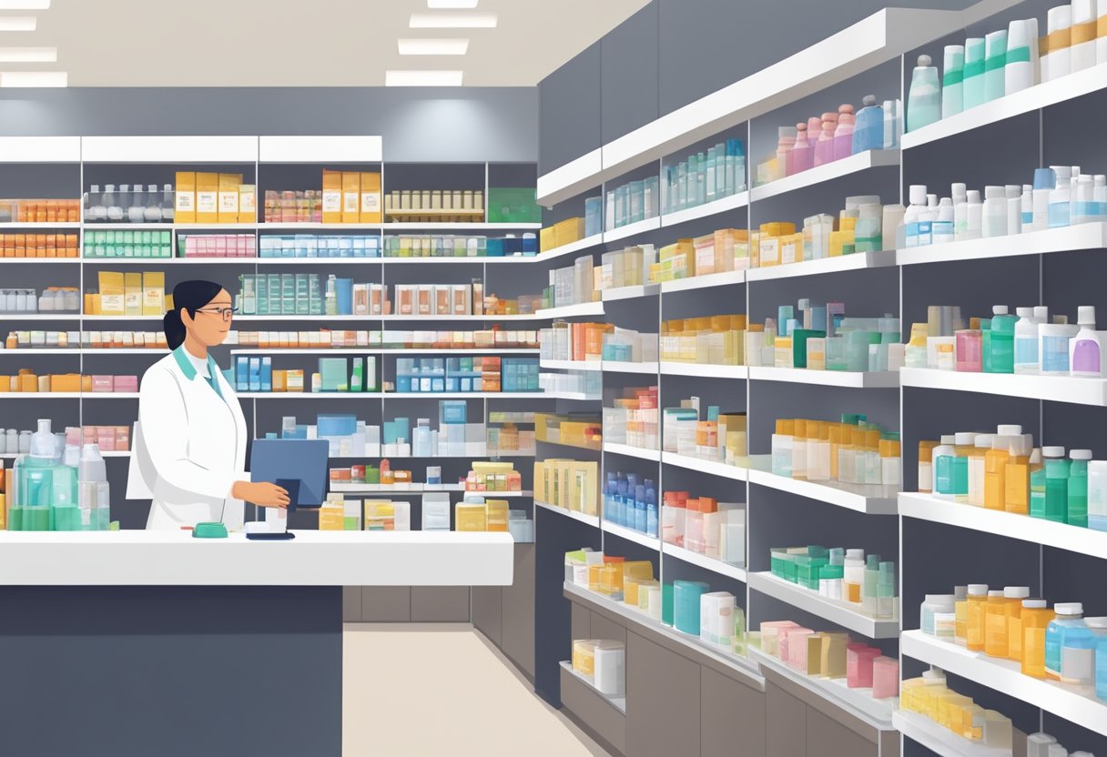 A pharmacist in a clean, modern pharmacy in Singapore, assisting a customer at the counter with shelves stocked with various medications and health products