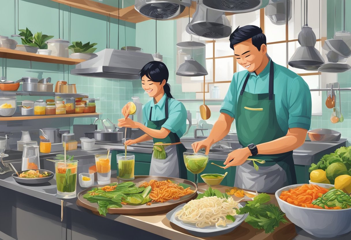 Employees preparing exotic dishes and crafting unique drinks in a vibrant Singaporean kitchen