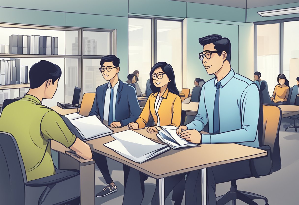 A group of employees in Singapore discussing frequently asked questions, with a sign indicating "Employees Only" in the background