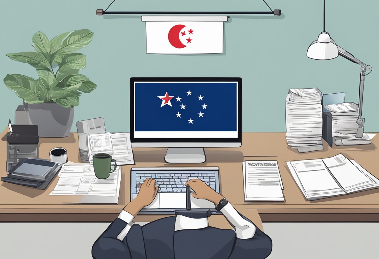 A person filling out a visa application form at a desk with a computer and documents, with a Singapore flag in the background
