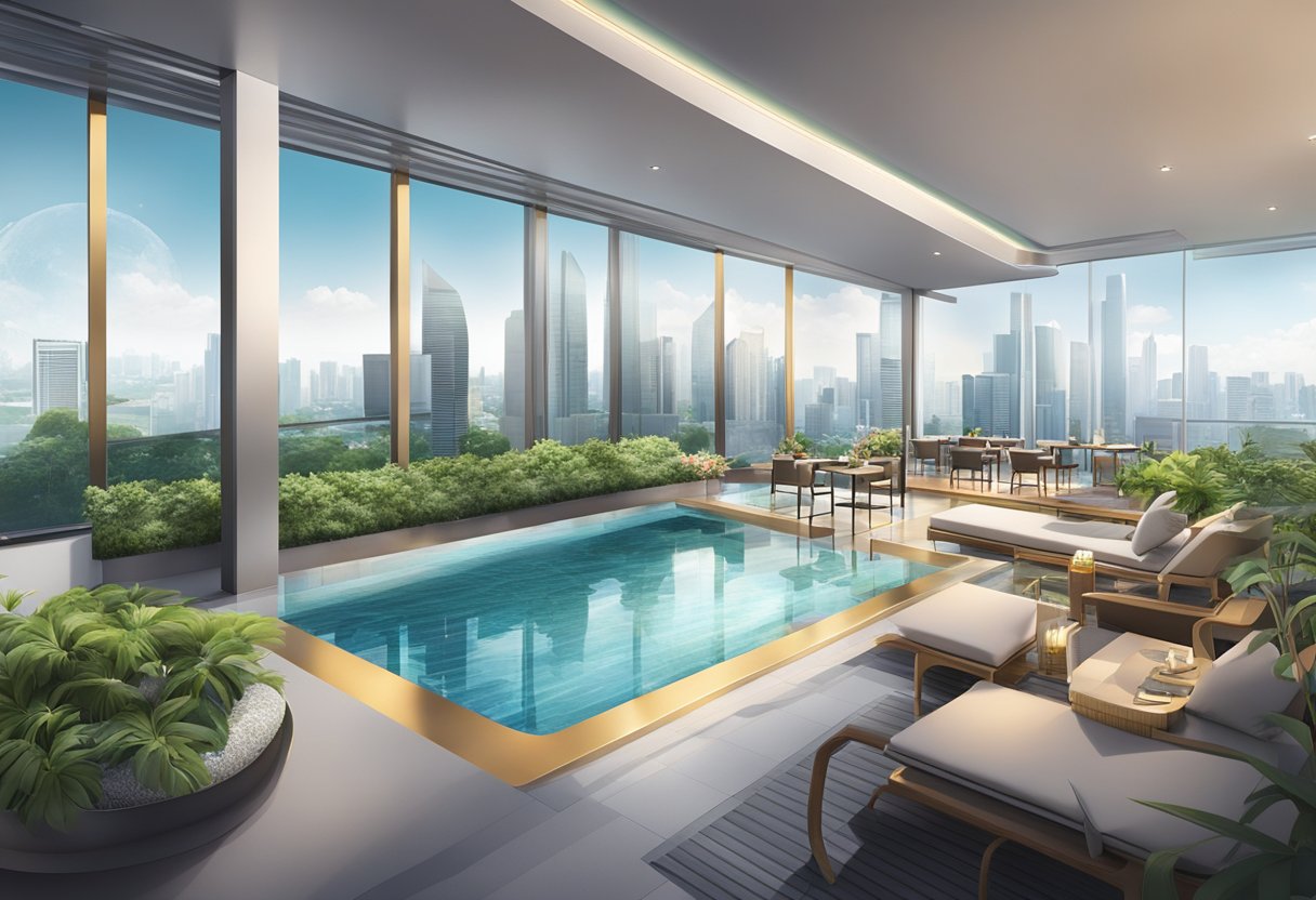 The Quincy Hotel in Singapore features a sleek, modern facade with a lush, green rooftop garden and a sparkling infinity pool overlooking the city skyline