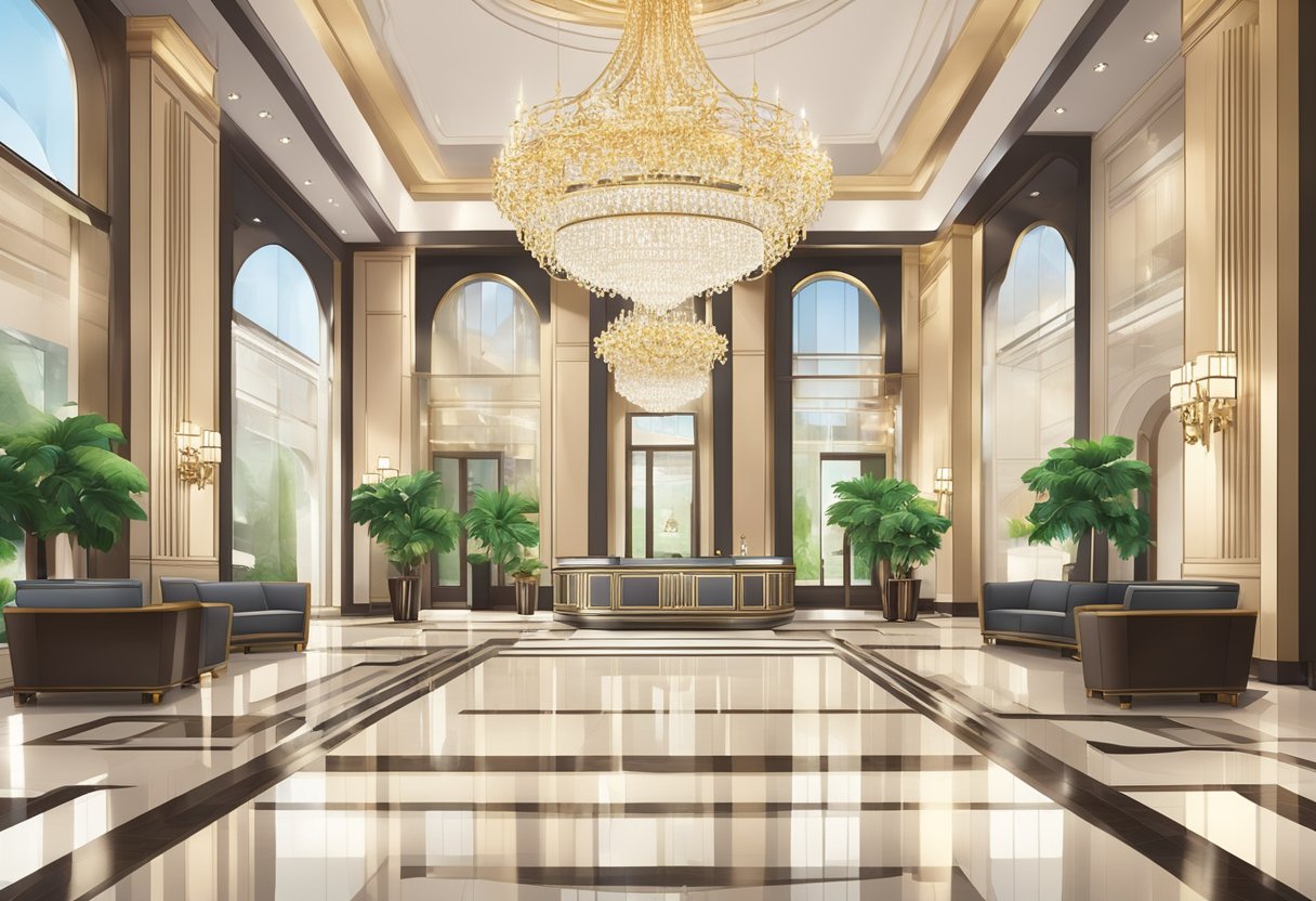 A luxurious hotel lobby with modern furnishings, a grand chandelier, and a reception desk with friendly staff
