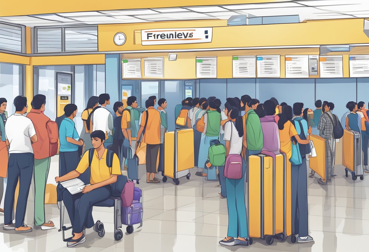 A queue of Indian travelers at a Singapore visa application center, with a sign displaying "Frequently Asked Questions" in the background