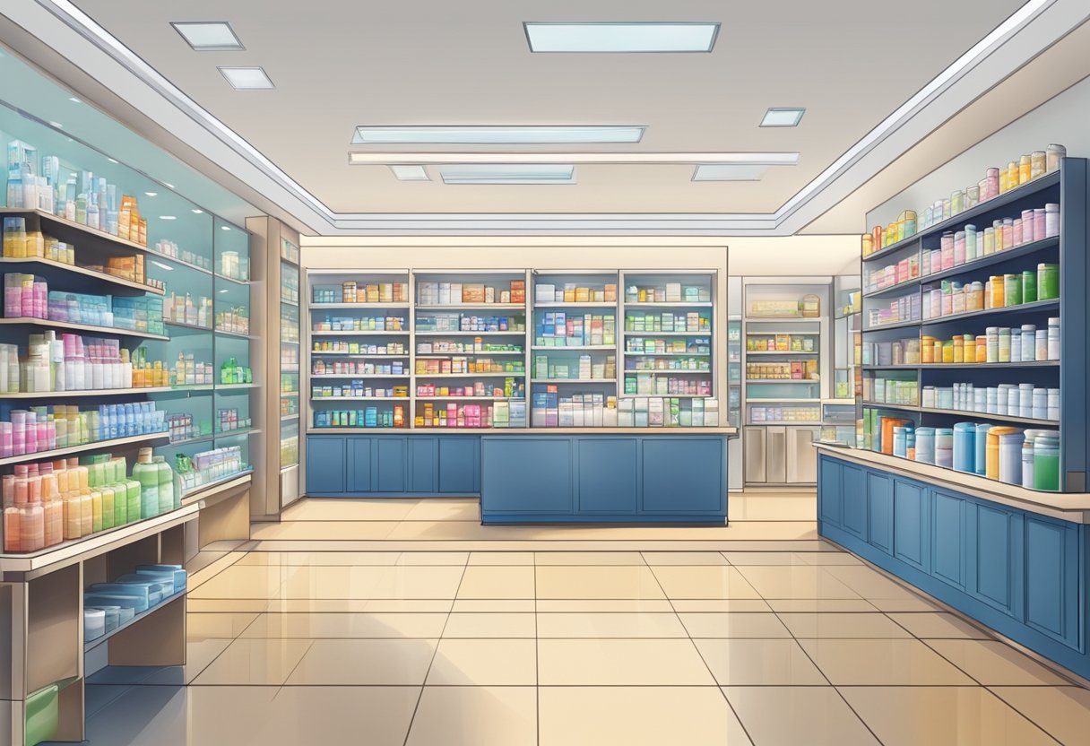 A bright and modern pharmacy in Singapore stocked with various health and wellness products