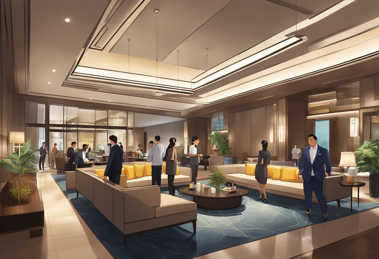 The lobby of Quincy Hotel Singapore bustles with guests and staff, as warm lighting and modern decor create an inviting atmosphere