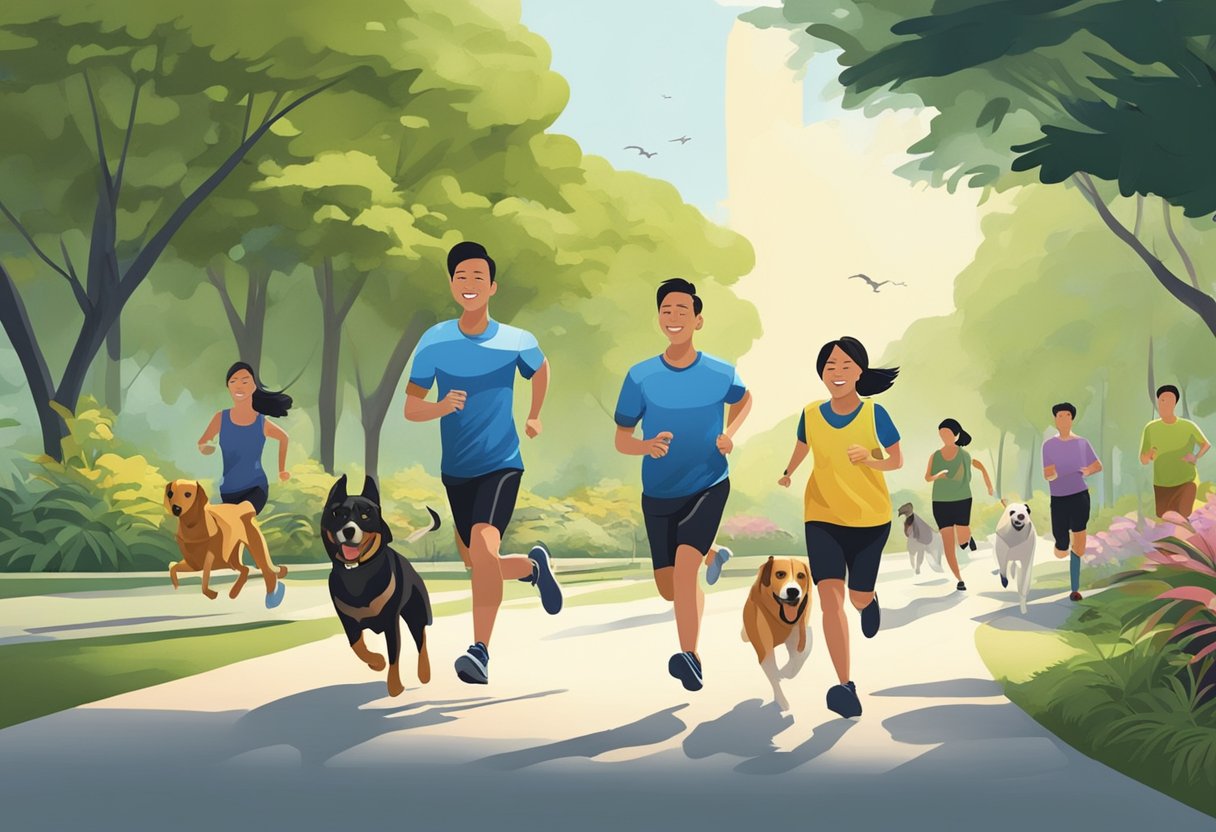 People and dogs running in a park in Singapore