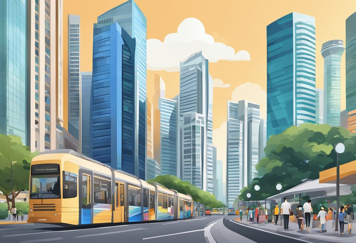 A bustling cityscape with modern skyscrapers and vibrant street life in Singapore
