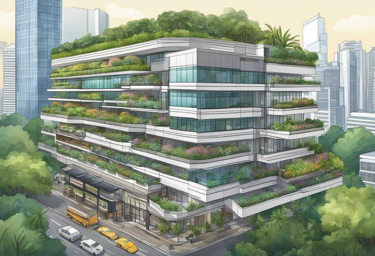 The Quincy Hotel in Singapore, with a modern facade and lush greenery, stands against a backdrop of city skyscrapers