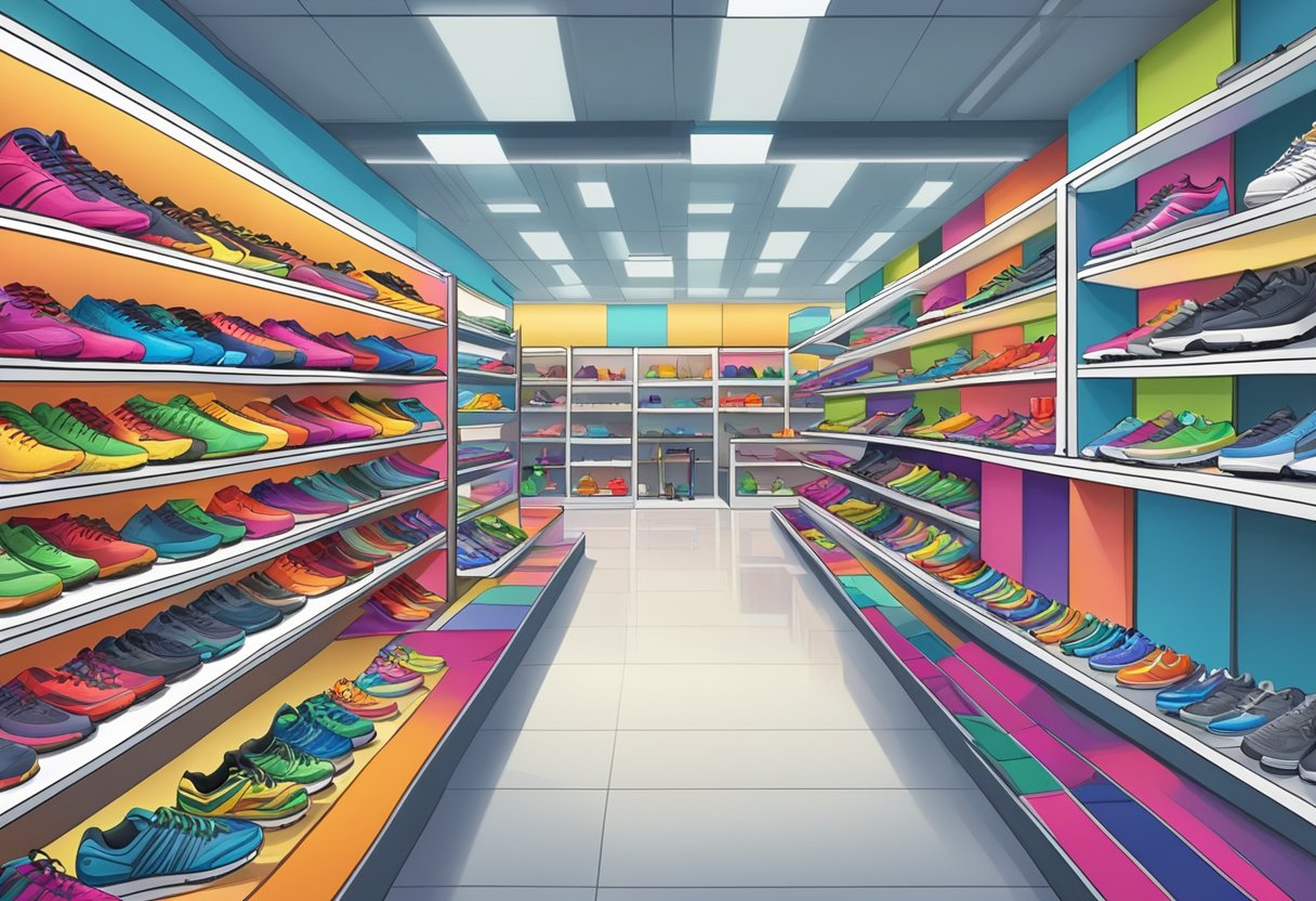 A brightly lit running store with shelves of colorful shoes, clothing, and accessories. A treadmill with a computerized display sits in the center, surrounded by posters of athletes in action