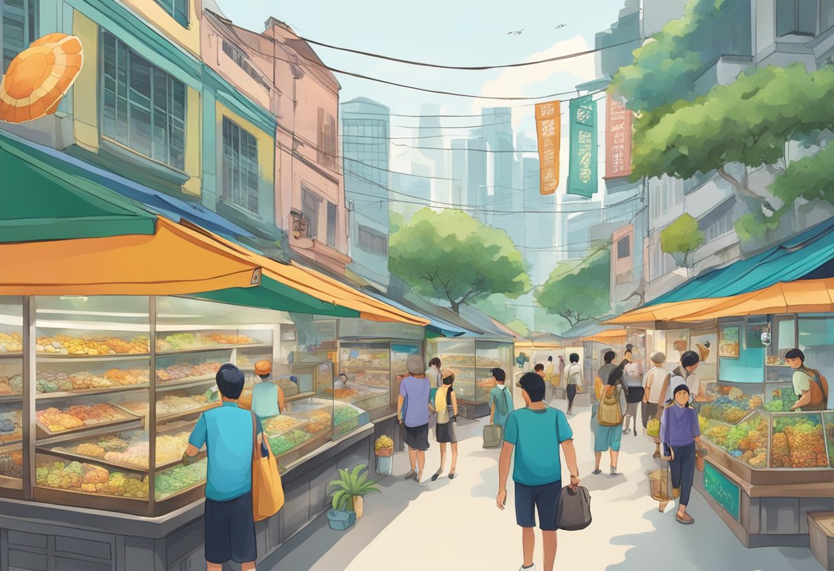 A bustling street in Singapore, with a colorful turtle shop displaying various species in tanks, and customers admiring the unique creatures