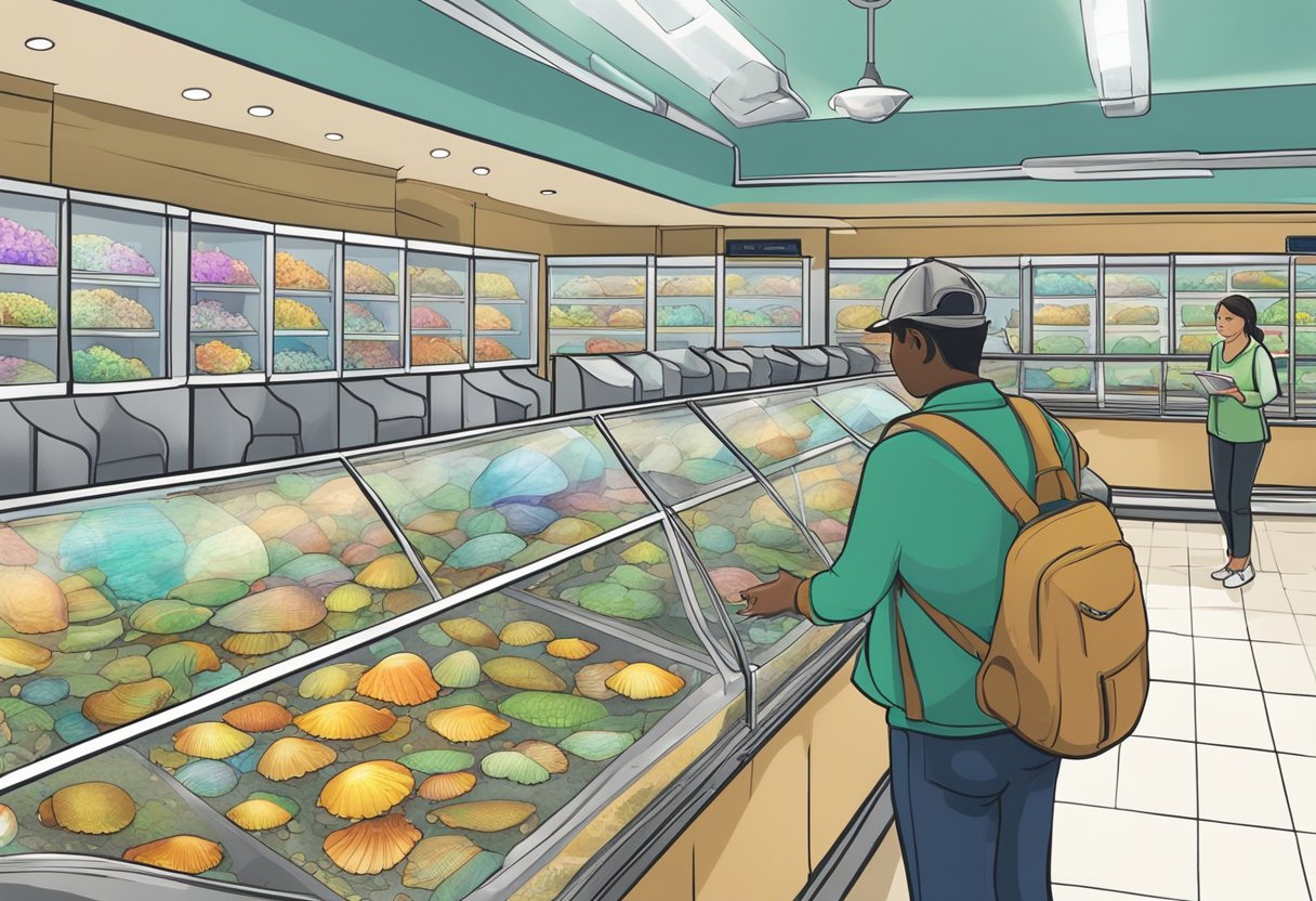 Customers browsing turtle tanks, admiring colorful shells. Reviews displayed on screens, showing 5-star ratings and positive comments. Staff assisting with purchases