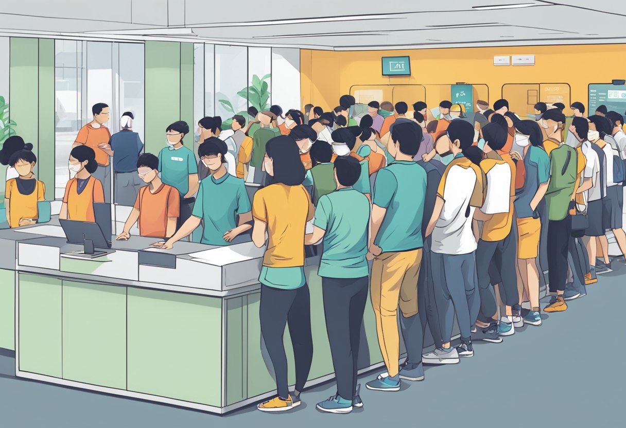 People lining up at a registration desk with a sign "Frequently Asked Questions" at a running lab in Singapore