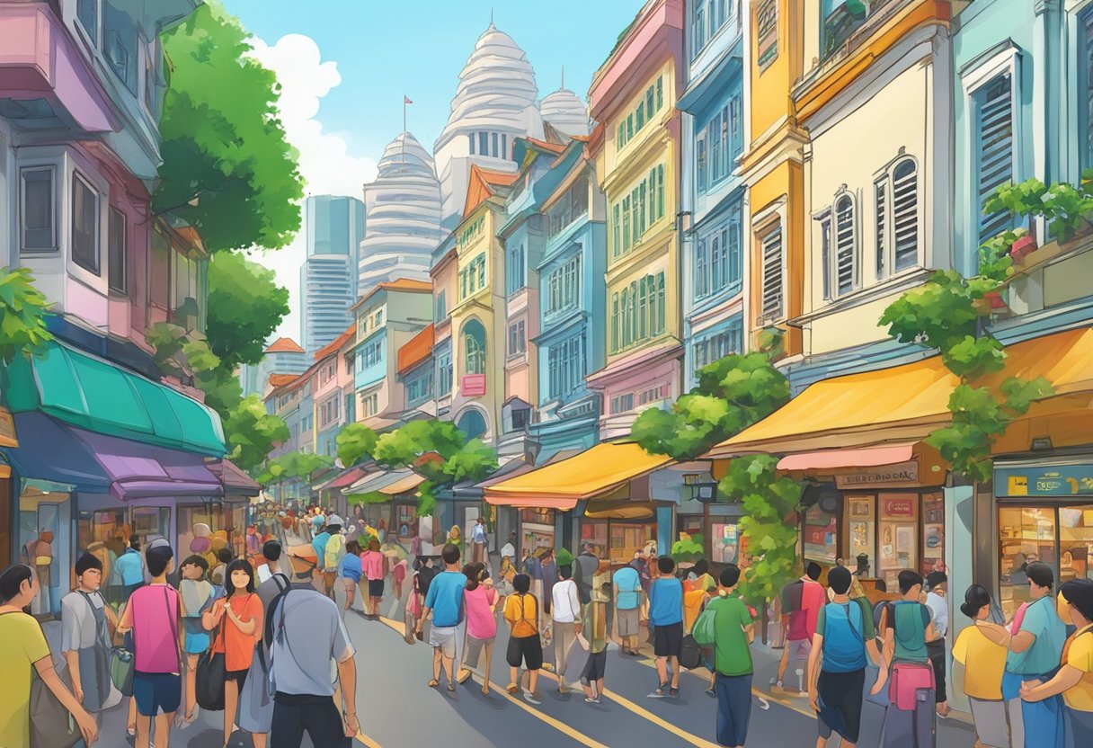 A bustling street in Singapore, with colorful shophouses, vibrant signs, and bustling crowds. The iconic skyline and lush greenery in the background