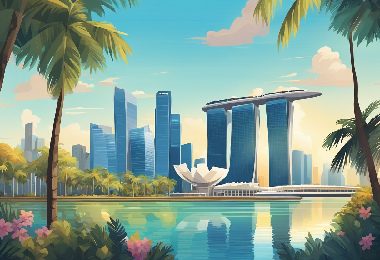The Singapore skyline is bathed in warm sunlight, with skyscrapers reaching towards the clear blue sky. Palm trees sway gently in the breeze, while the iconic Marina Bay Sands stands tall in the distance
