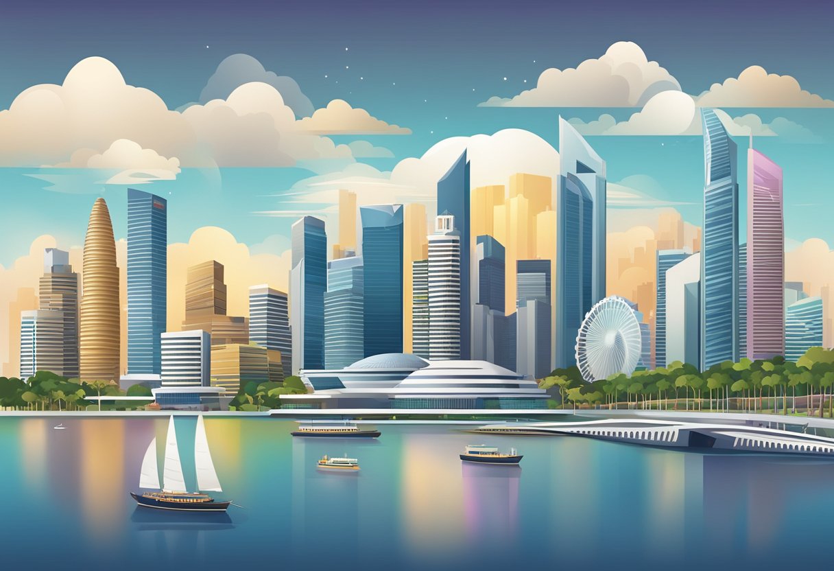 A modern skyline of Singapore and Malaysia with iconic landmarks and bustling cityscapes