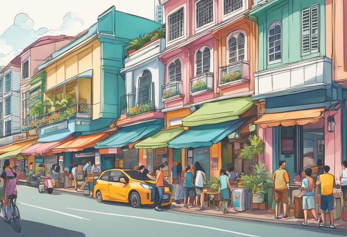 A bustling street in Singapore, with colorful signs and vibrant storefronts. People are seen exploring the area, with a mix of locals and tourists