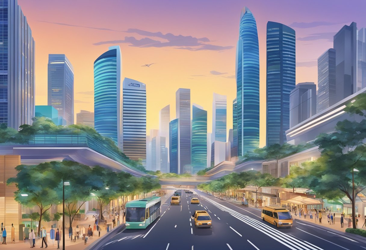 A bustling cityscape with modern skyscrapers and vibrant street life in g2000 Singapore