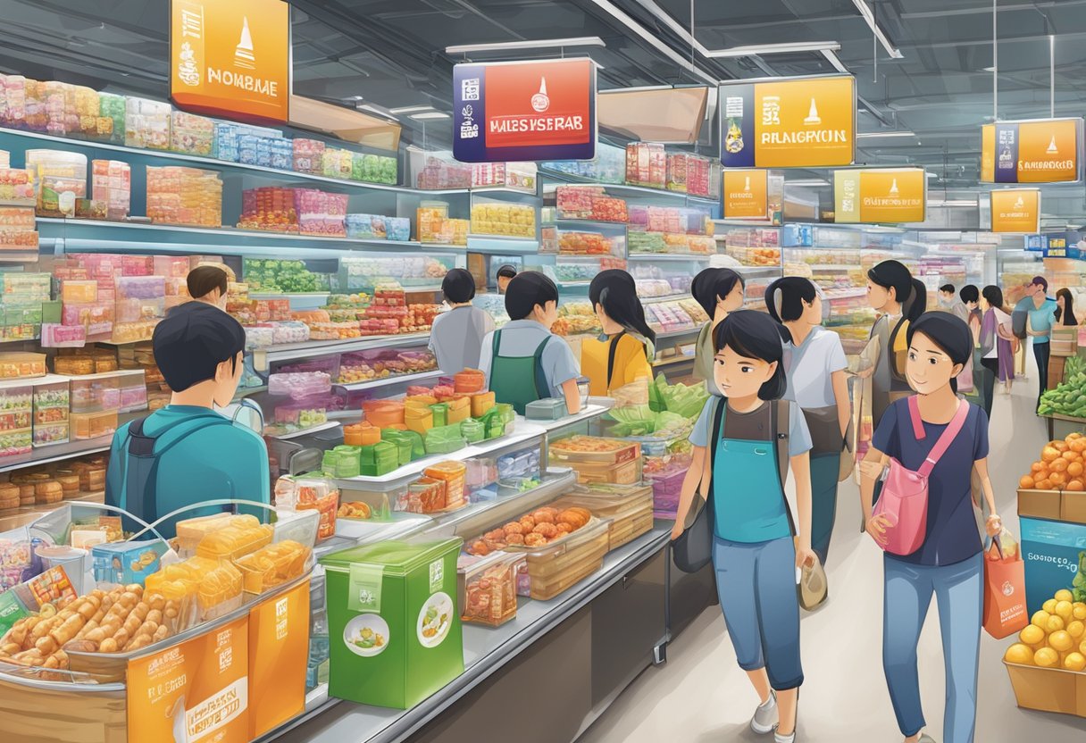 A display of various products with promotional signage in a bustling Singapore market