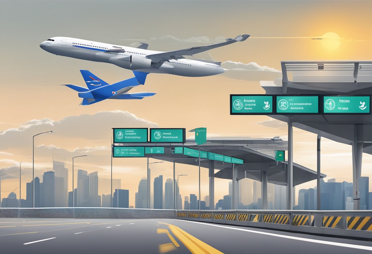 A plane flying over a clear border checkpoint between Singapore and Malaysia, with signs indicating the Vaccinated Travel Lane (VTL) Programme