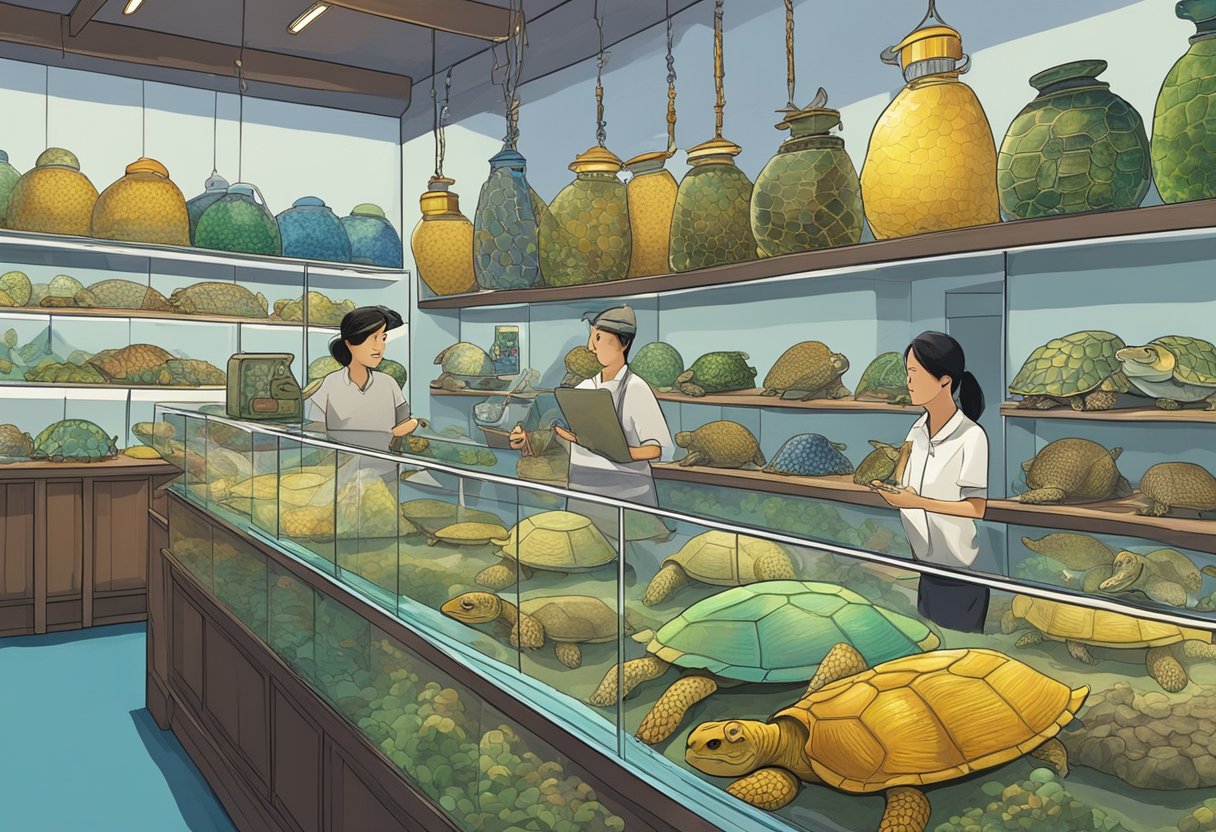 The turtle shop in Singapore buzzes with customers, as curious onlookers admire the various species of turtles on display. The shopkeeper patiently answers questions, surrounded by tanks of colorful aquatic life