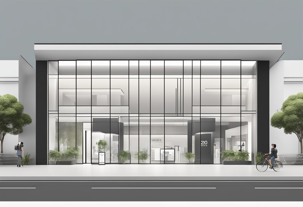 A sleek and modern storefront of G2000 Singapore, with clean lines and minimalist design, showcasing the brand's sophisticated and professional image
