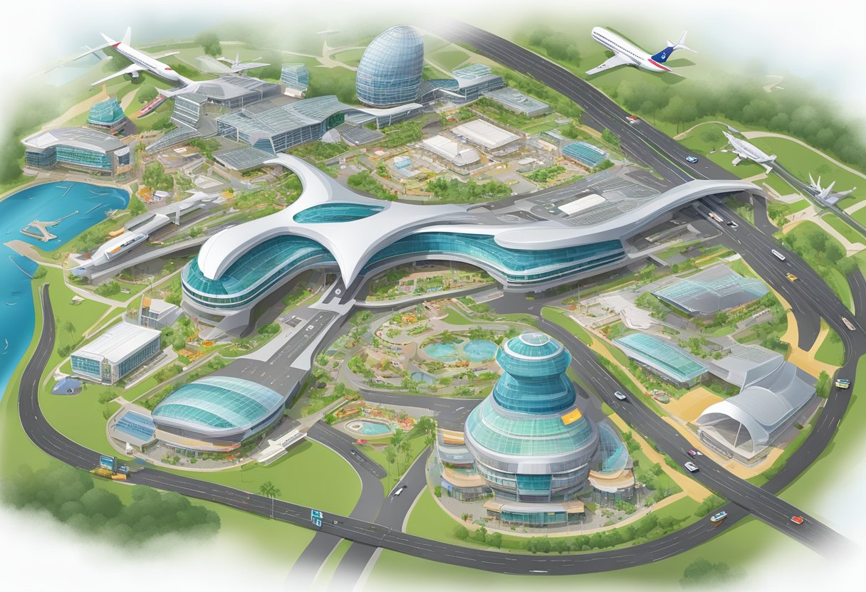 The Singapore airport map displays amenities and services, including shops, restaurants, lounges, and transportation options