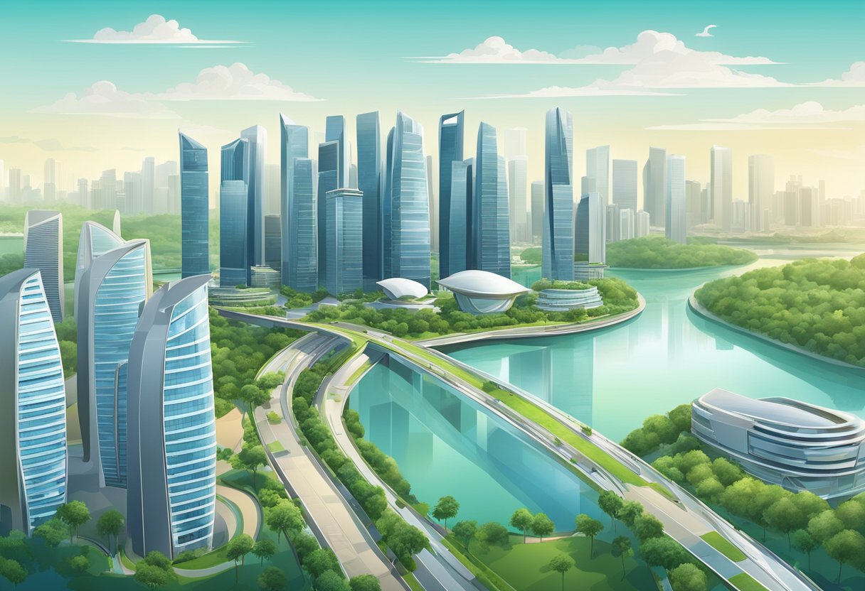 The scene depicts a futuristic city skyline of Singapore with high-rise buildings, green spaces, and advanced infrastructure under a clear sky