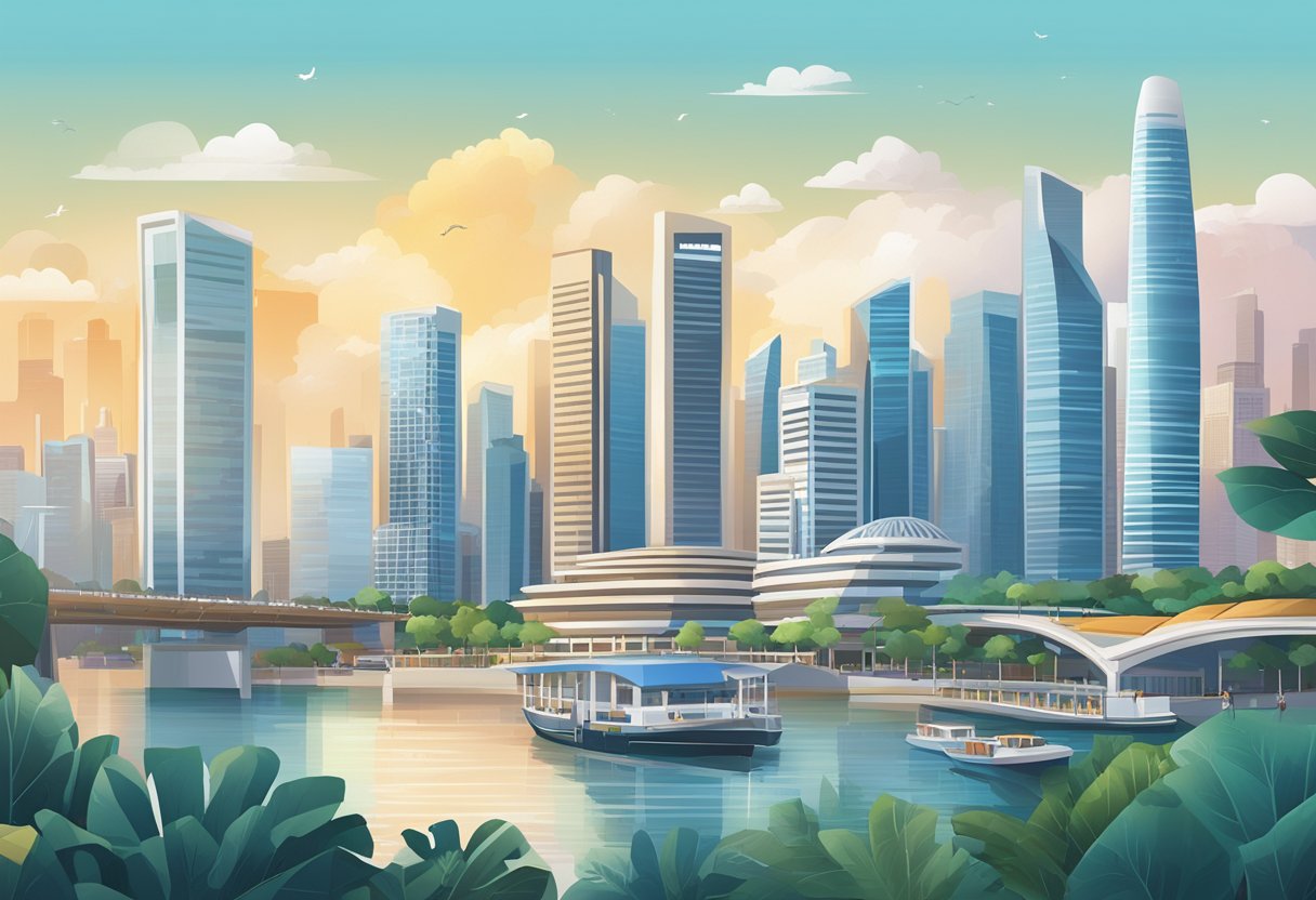 A bustling cityscape with iconic Singapore landmarks under a clear sky, with a digital screen displaying "Frequently Asked Questions" and a weather forecast