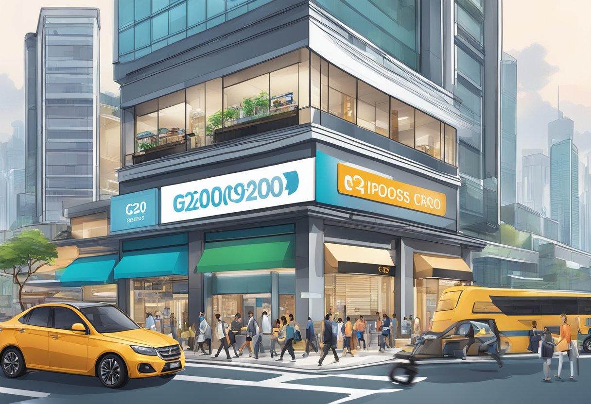 A modern storefront with "Products and Services g2000 singapore" signage, surrounded by bustling city streets and a mix of pedestrians and vehicles