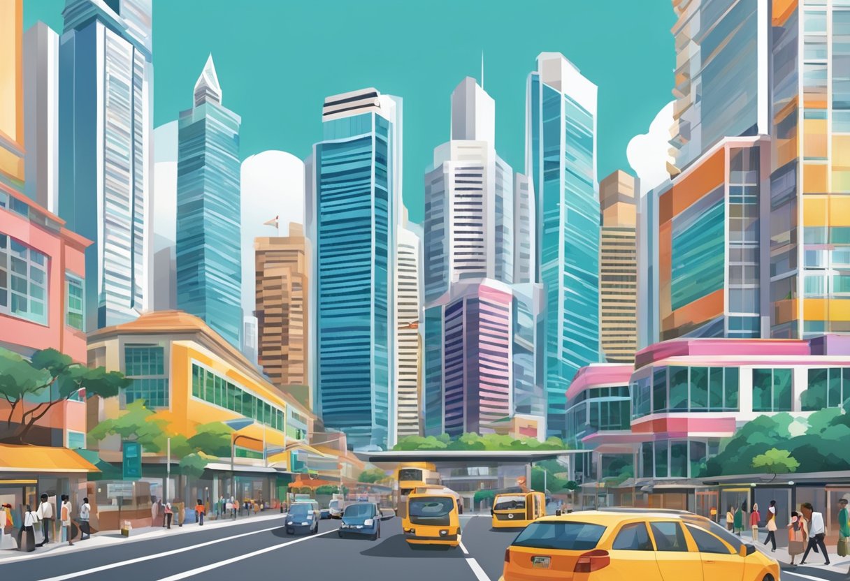 A bustling cityscape with iconic skyscrapers and vibrant street life, showcasing the modern and dynamic urban environment of Singapore
