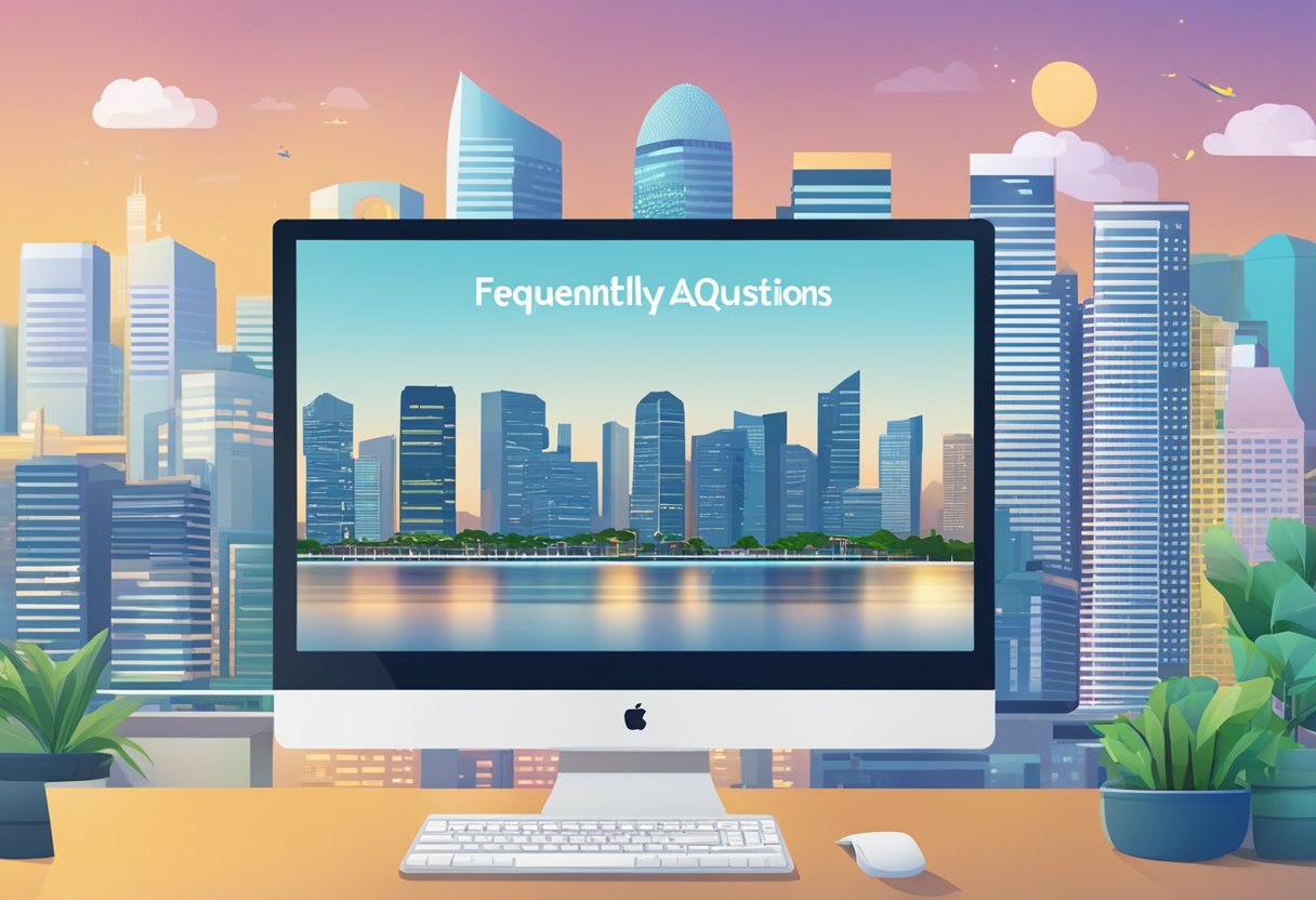 A computer screen displaying "Frequently Asked Questions" with a noticeable typo, set against the backdrop of the Singapore skyline