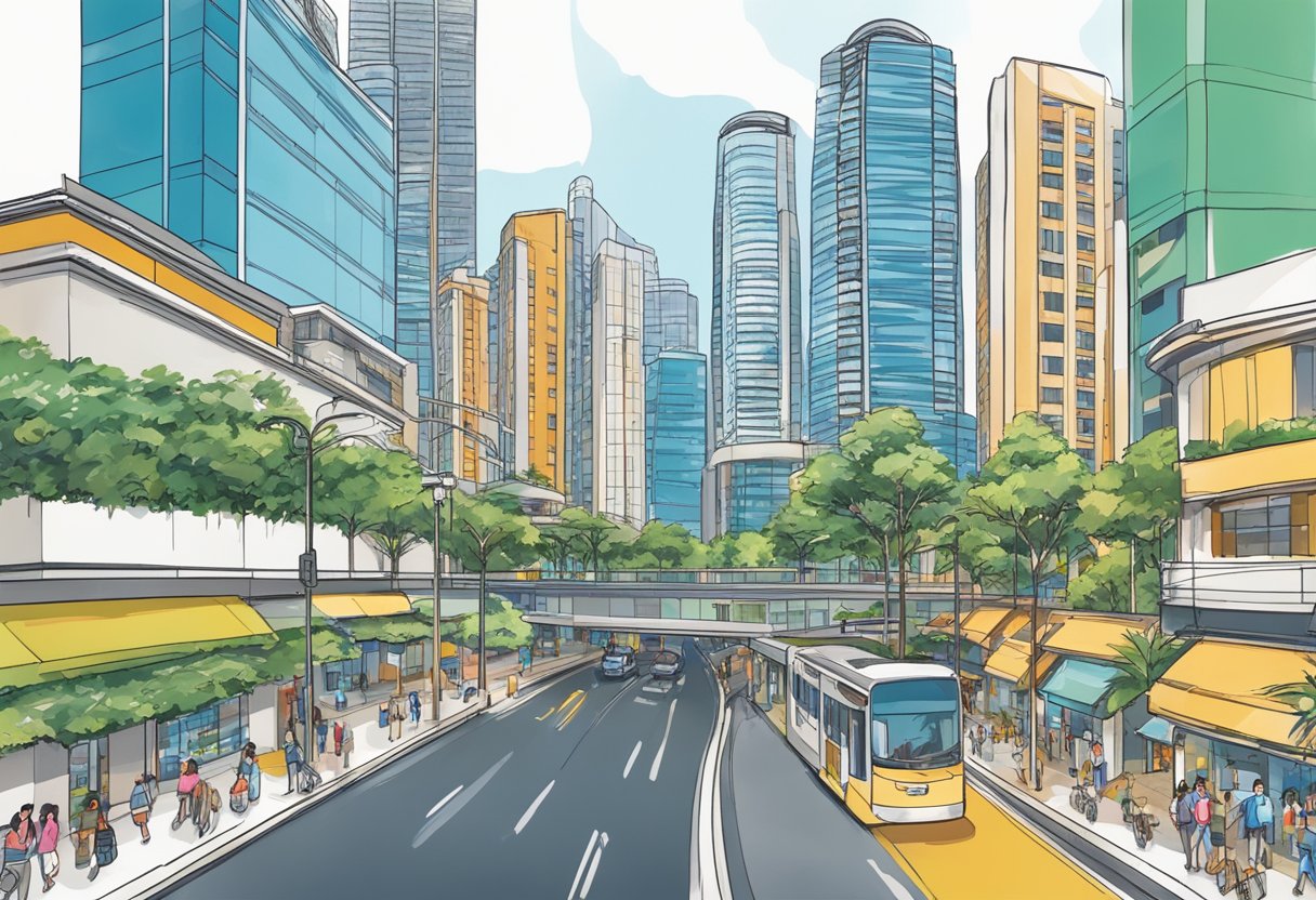 The bustling streets of Singapore are lined with sleek, modern skyscrapers, showcasing the city's thriving property market. The skyline is dominated by high-rise residential and commercial buildings, reflecting the city's status as a global hub for real estate investment