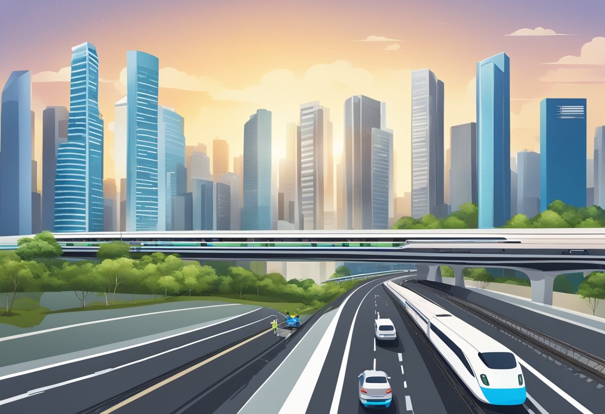 Two modern cities connected by a bridge, with a bustling highway and high-speed trains crossing the border between Singapore and Malaysia