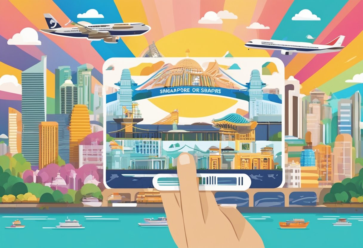 A hand reaches for a Singapore Tourist Pass on a colorful display. The pass features iconic landmarks and transportation options