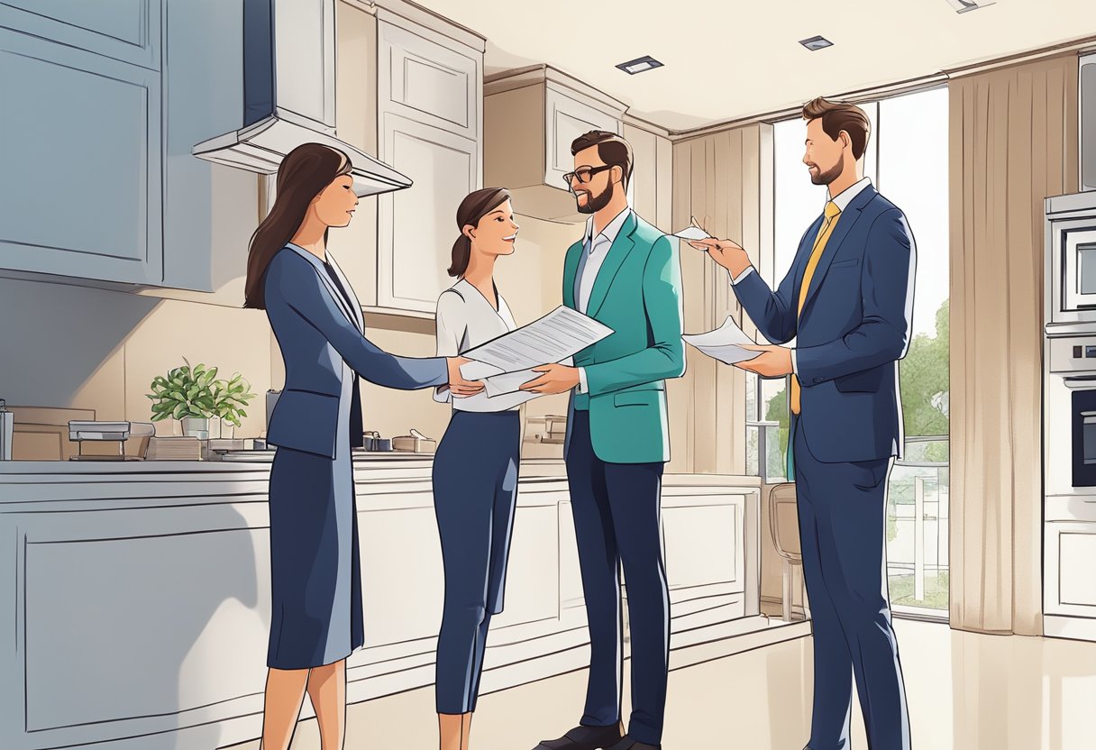 A real estate agent showing a couple various properties, exchanging documents and keys