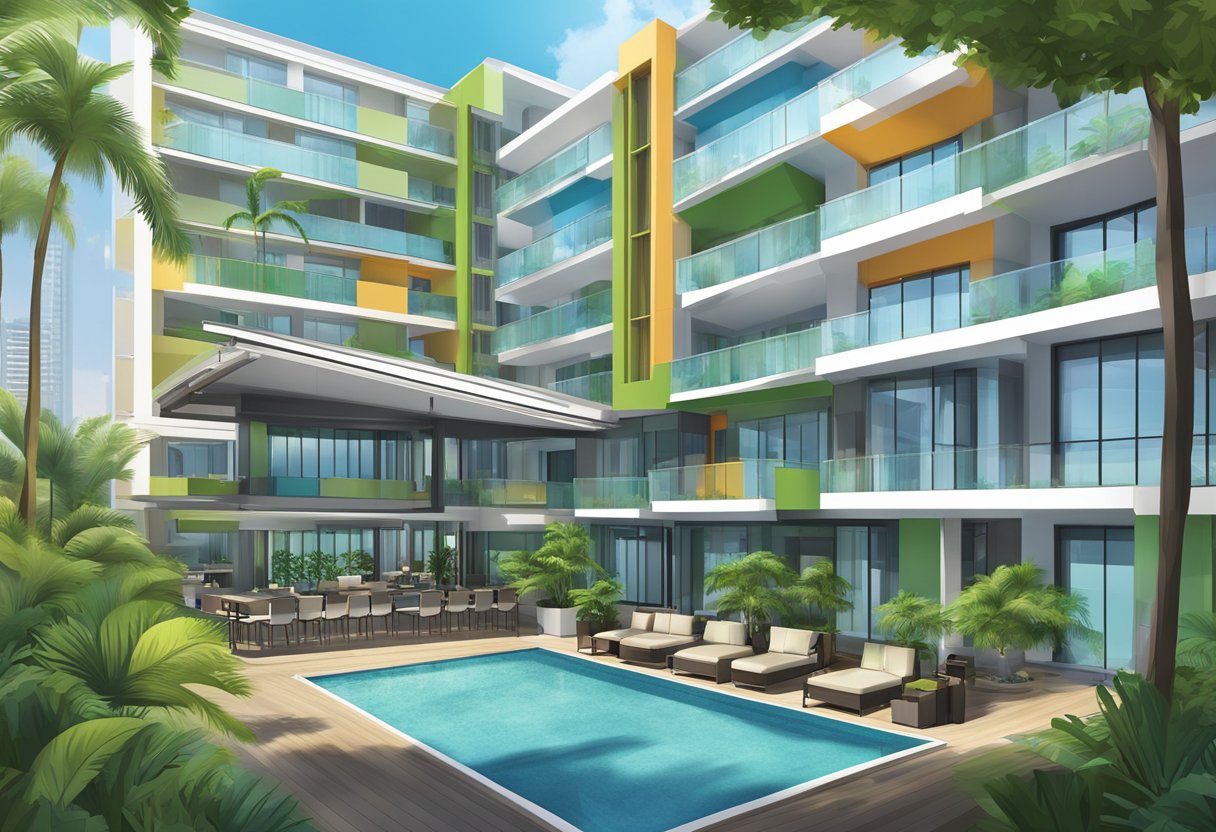 The Value Hotel Thomson, Singapore, is a modern building with sleek lines and a vibrant color scheme, surrounded by lush greenery and palm trees