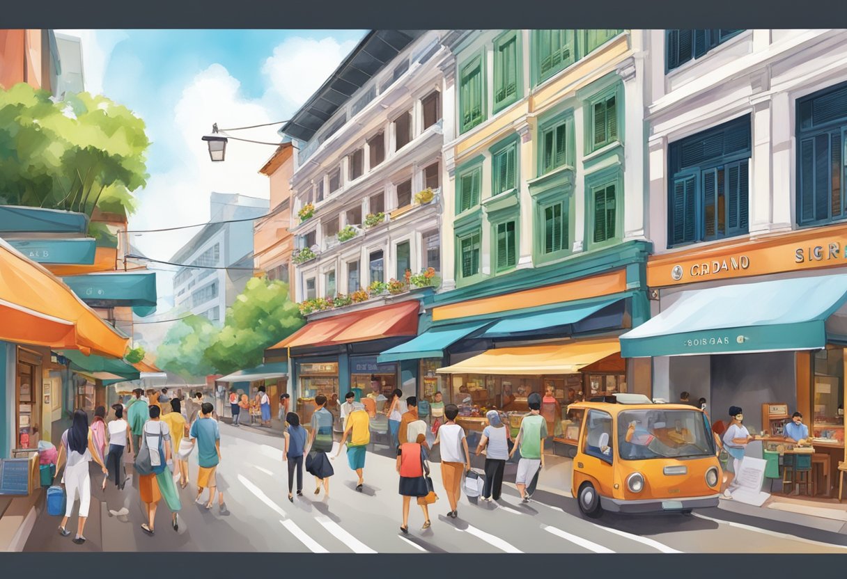 The bustling streets of Giordano Singapore, with colorful storefronts and a mix of locals and tourists, creating a vibrant and lively atmosphere
