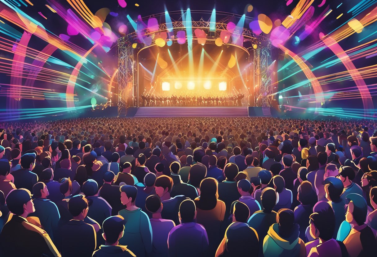 A vibrant stage with colorful lights and a large crowd cheering at the Yoasobi Singapore concert